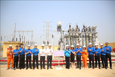 Đoàn thanh niên EVNNPC gắn biển công trình thanh niên dự án “Đường dây trạm biến áp 110kV Rịa tỉnh Ninh Bình”